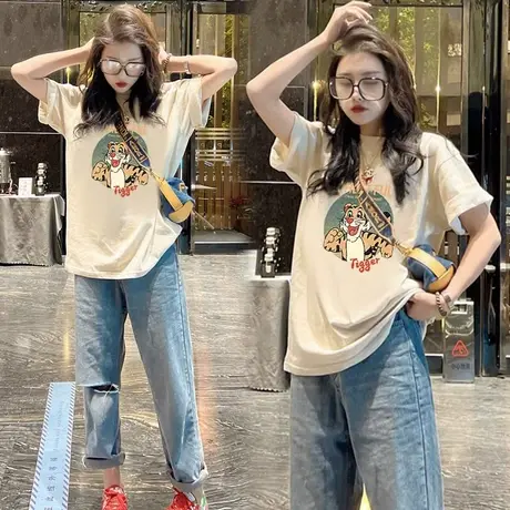 虎年杏色短袖t恤女2023夏季新款韩版宽松百搭圆领纯棉上衣体恤ins商品大图