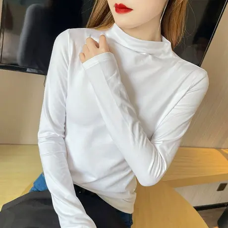 半高领t恤女纯棉秋冬季长袖黑色小高圆领小个子体恤内新搭打底衫商品大图