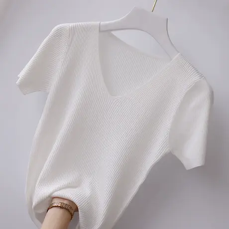 2023新款白色t恤女夏短袖ins潮短款韩版修身纯色打底v领针织螺纹图片