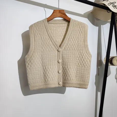 针织背心马甲开衫女秋冬新款复古宽松v领叠穿无袖毛衣坎肩短外套商品大图