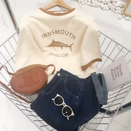 chic慵懒小众短袖夏季新款韩国东大门设计感撞色休闲宽松大版T恤图片