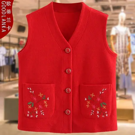 大码中老年春秋外穿马夹女宽松洋气妈妈装刺绣V领短款马甲小外套图片