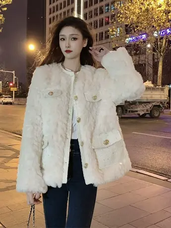 小香风羊羔毛外套女秋冬小个子高级感炸街上衣加绒加厚夹克棒球服图片