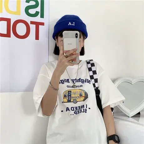 复古原宿风ulzzang夏装2020宽松纯棉韩版新款短袖T恤女学院bf风潮图片