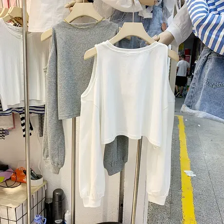 长袖t恤女2021秋季新款韩版ins潮露肩露脐高腰心机短款设计感上衣图片