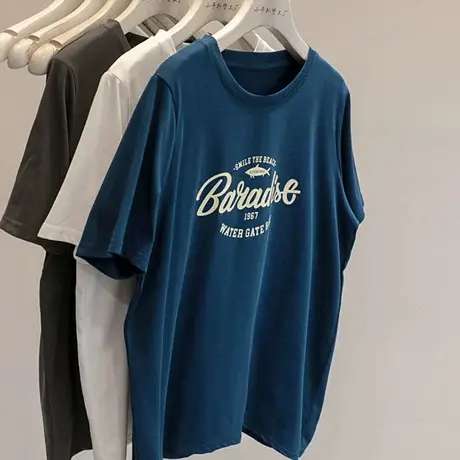 口碑推荐~2023新款简约百搭复古字母印花圆领短袖T恤打底衫上衣女商品大图