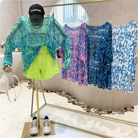 中长款字母印花薄款长袖圆领上衣女夏季2023新款韩版网纱防晒T恤商品大图