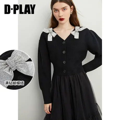 DPLAY秋装撞色满钻蝴蝶结短款V领高腰节经典黑针织开衫外套商品大图