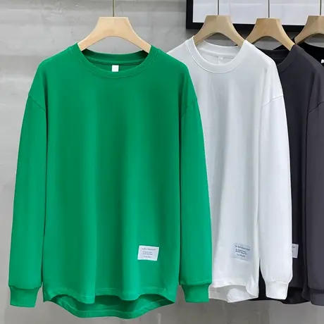 日系重磅长袖T恤男纯棉纯色宽松春秋款卫衣圆领白色内搭打底衫男商品大图