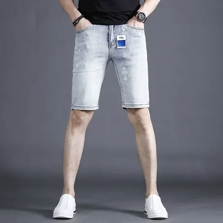 潮牌牛仔短裤男五分裤夏季薄款修身浅色2022新款潮流男生中裤夏天商品大图