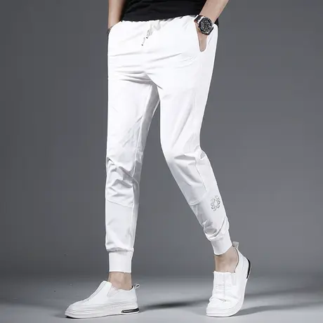 2023夏季新款白色裤子男休闲裤冰丝薄款修身束脚松紧腰男生裤子商品大图