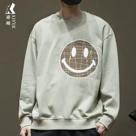 希越日系cityboy刺绣笑脸卫衣男毛圈400g重磅春秋款宽松大码上衣商品大图