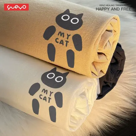 悦游「MyCat」夏季纯棉潮流宽松短袖t恤男士机器小黑猫原创小众商品大图