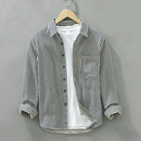 休闲衬衫男纯棉宽松秋季长袖日系条纹商务衬衣青年上衣男士外套潮商品大图