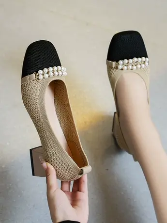 日系小香风王妃鞋2023春秋手工珍珠系列飞织透气方头粗跟高跟鞋女图片