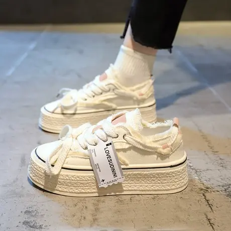 小香风帆布鞋女2023新款透气百搭编织厚底增高小白鞋女鞋子ins潮图片