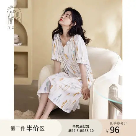 妮狄娅睡衣睡裙女夏季纯棉短袖套头中长裙甜美少女彩绘风宽松大码图片