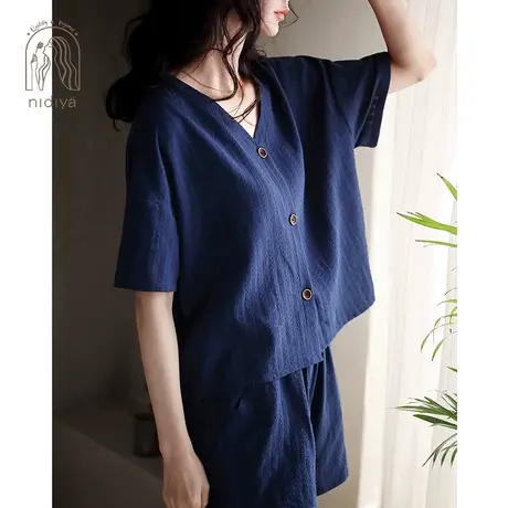 妮狄娅2023睡衣女夏季纯棉短袖开衫高腰短裤可外穿薄款家居服套装商品大图