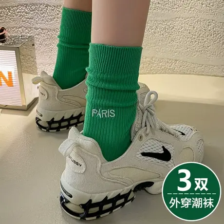 绿色条纹袜子女中长筒潮棉袜春秋款搭配老爹鞋运动鞋穿的高腰娃子图片