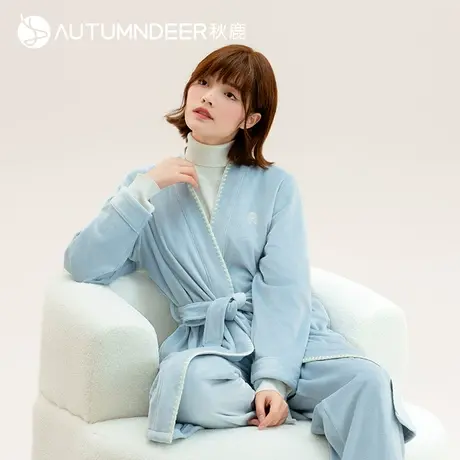 秋鹿纯棉海岛绒女士睡衣冬季加绒加厚睡袍家居服秋冬季长袍中长款商品大图