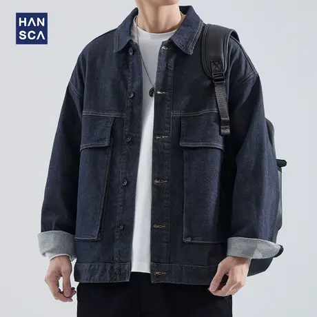 hansca蓝色水洗牛仔外套男士2024秋冬美式复古潮牌青少年宽松夹克图片
