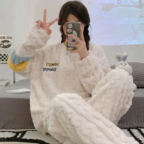 套头睡衣女秋冬加绒加厚珊瑚绒2023新款冬款法兰绒女士家居服冬季图片