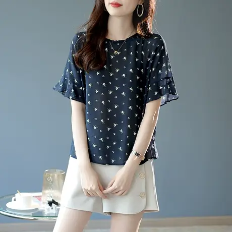 宝诗黎圆领荷叶边袖桑蚕丝上衣女2025新款漂亮夏装宽松真丝小衫薄商品大图