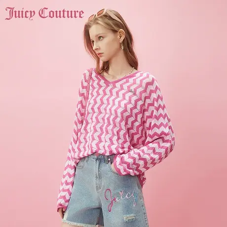 Juicy Couture橘滋2024新款甜蜜遐想金属牌V领肌理女式针织衫图片
