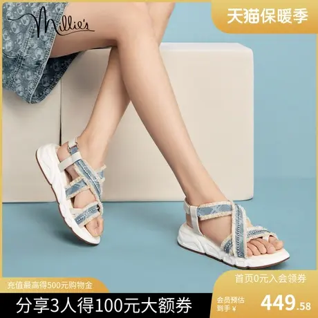 millies妙丽春季新款牛仔字母布休闲软厚底女小香风凉鞋LG639BL2图片