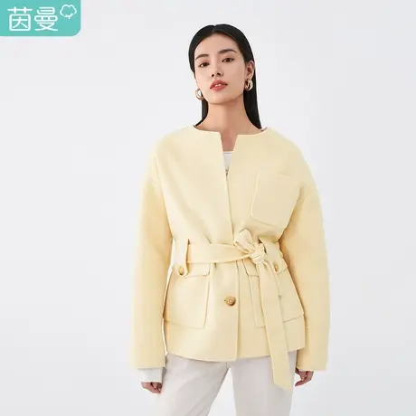 茵曼冬装新款大口袋赠送腰绳纽扣开襟浅黄色双面毛呢外套时尚图片
