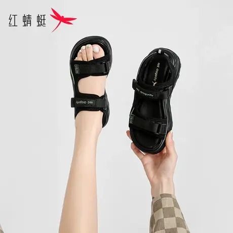 红蜻蜓女式凉鞋2022新款百搭沙滩鞋女海边度假魔术贴黑色凉鞋夏季商品大图
