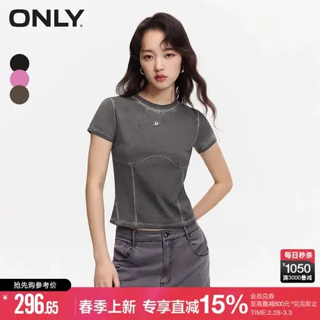 ONLY夏季时尚纯色水洗圆领正肩短款短袖T恤女|124101045商品大图