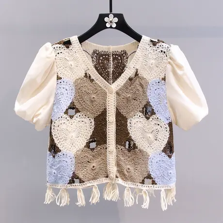 钩花镂空流苏短袖针织开衫女夏季2023新款复古显瘦设计感短款外套图片