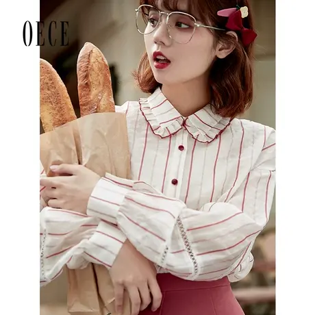Oece气质条纹衬衫秋新款女装法式复古减龄花边设计感上衣图片