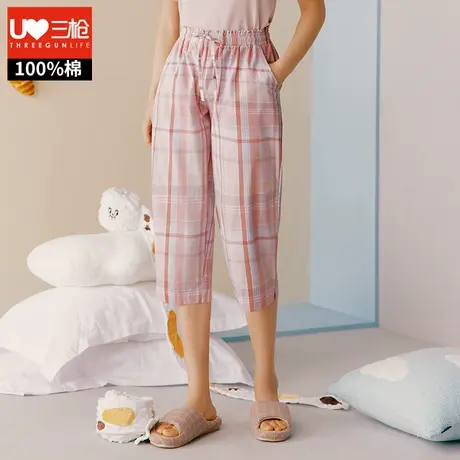 三枪睡裤女纯棉格子七分裤薄款透气短裤居家服中裤系带女士家居裤图片