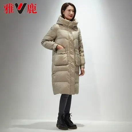 雅鹿连帽亮面羽绒服女中长款2022冬季新款宽松长过膝时尚保暖外套商品大图