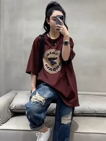 2023夏季新款欧货街头t恤女高级感字母印花宽松圆领短袖上衣女潮商品大图