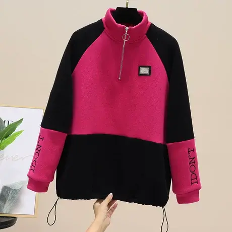 冬季2023年新款立领拼色卫衣女百搭ins潮宽松上衣加绒加厚外套冬商品大图