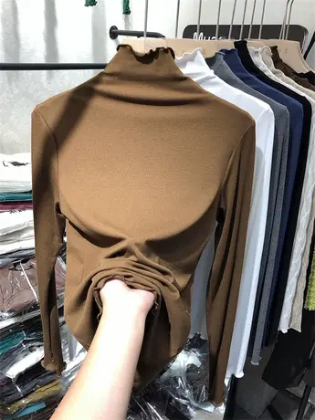 高领针织衫木耳边长袖t恤女2023新款早秋上衣轻薄内搭修身打底衫商品大图