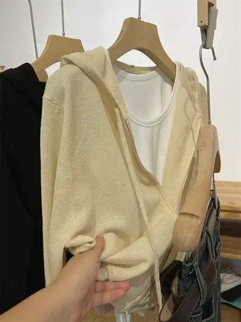 休闲纯色天丝亚麻连帽针织薄外套女2023秋季新款纯色拉链开衫上衣商品大图