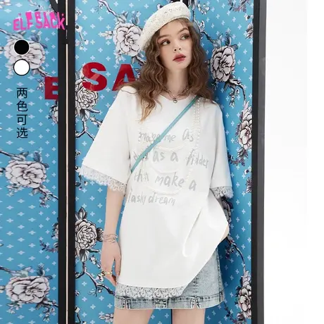 妖精的口袋蕾丝花边黑色t恤连衣裙女2023夏季新款小个子休闲宽松商品大图
