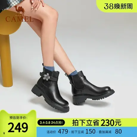 骆驼女鞋2024春秋新款黑色套筒中跟切尔西靴女网红瘦瘦靴复古短靴图片