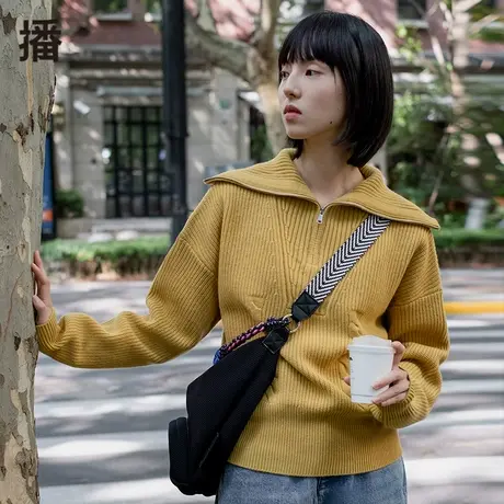 播针织衫女2023秋季新款代购拉链螺纹下摆海军领羊毛宽松长袖毛衣商品大图
