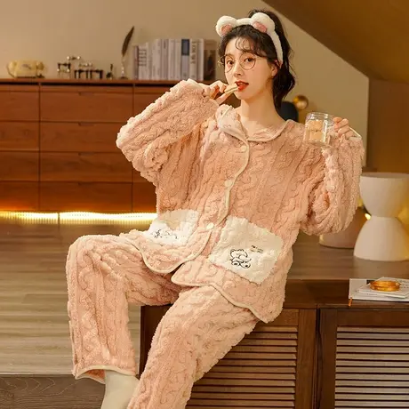 珊瑚绒睡衣女秋冬加绒加厚2023新款冬款法兰绒冬季拉链家居服套装图片