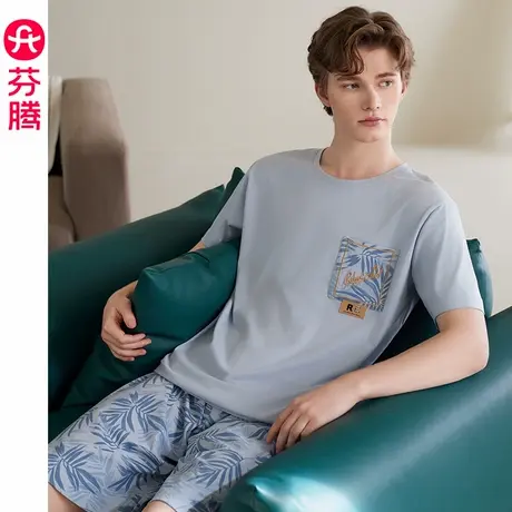 芬腾纯棉男士睡衣薄款夏季短袖短裤男款青年大码可外穿家居服套装商品大图
