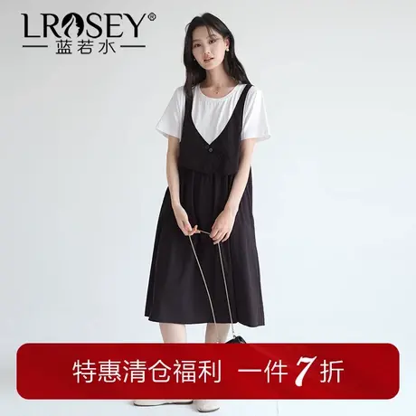 【黑白拼接T恤背带裙】蓝若水大码2025夏装新款休闲假两件连衣裙商品大图