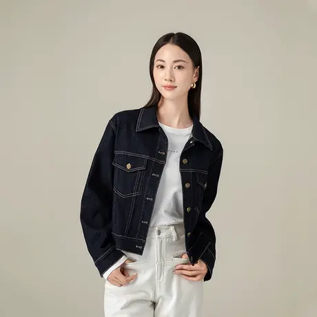 秀后秋季深蓝色牛仔外套女装2024新款小个子短款百搭正肩夹克上衣商品大图