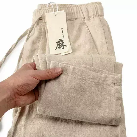 棉麻九分裤男士直筒宽松夏季薄款松紧腰白色中国风亚麻休闲裤子男商品大图