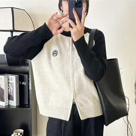 春装2025年新款圆领棒球服双拉链针织开衫外搭毛衣外套春秋外穿女商品大图