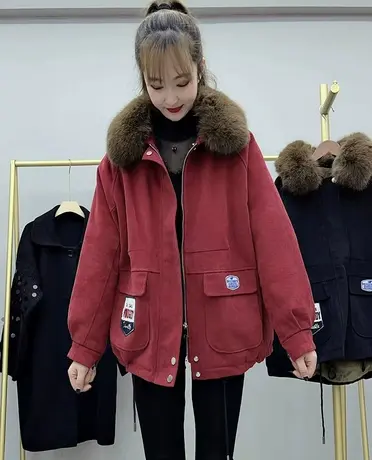 大毛领派克服棉服女短款2023新款冬季韩版加绒工装棉袄棉衣外套潮商品大图